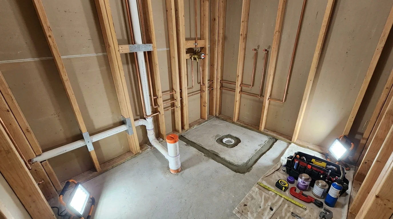 Bathroom rough-in plumbing during remodel by Johns Plumbing LLC in Gorman