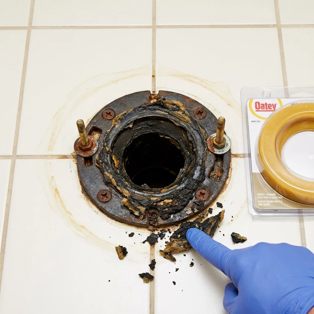 Failed wax ring showing water seepage at the base of a toilet in a Gorman, TX home