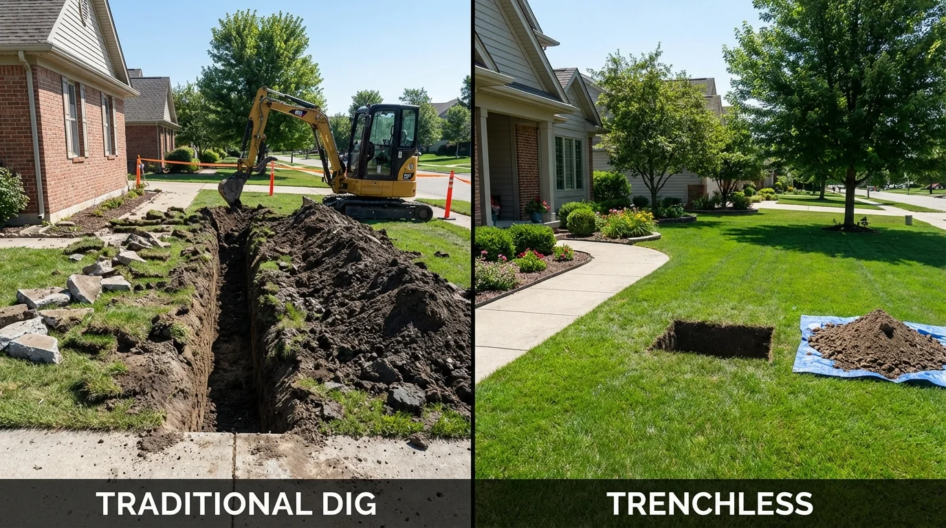 Trenchless sewer repair with minimal yard damage versus traditional excavation in Gorman, TX